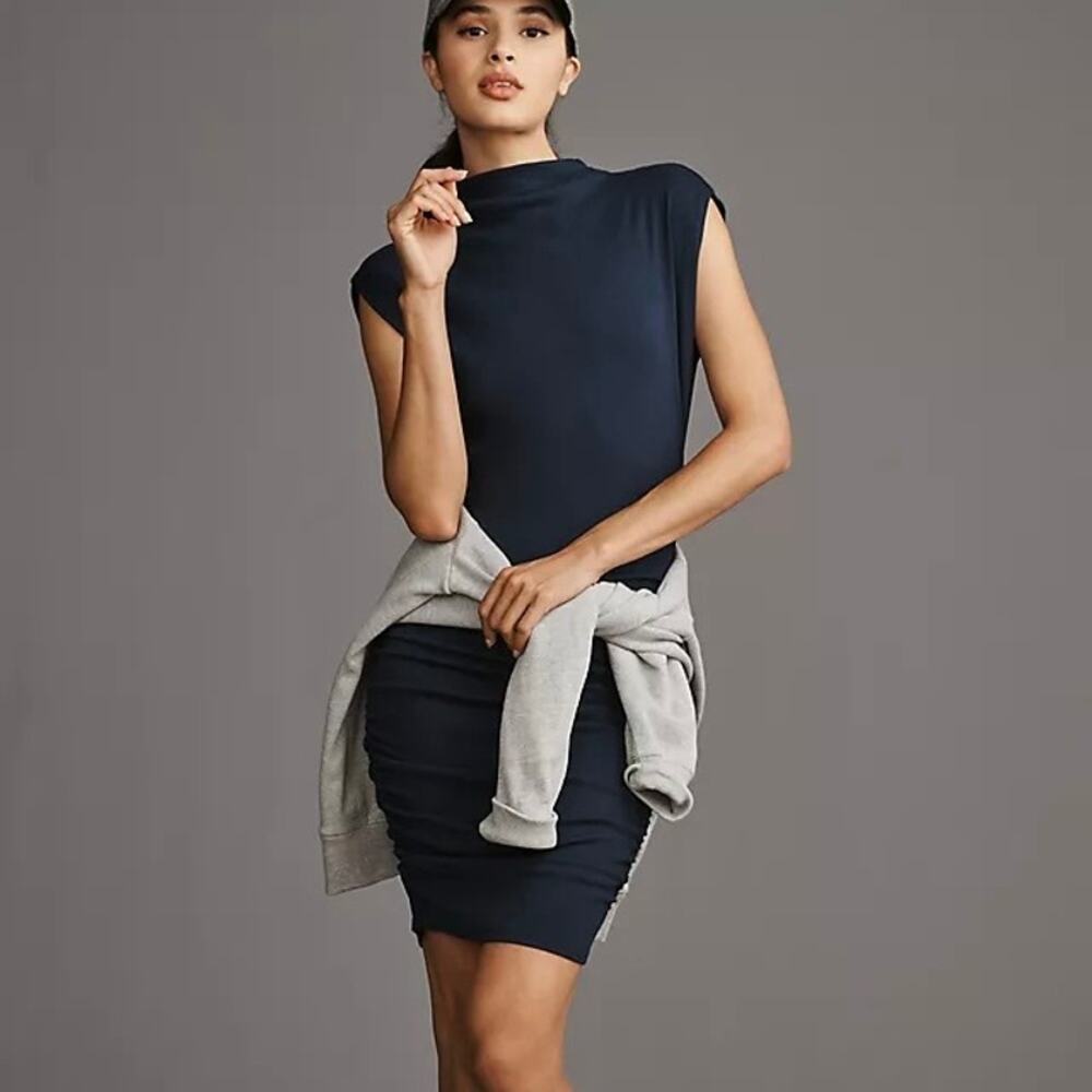 ANTHROPOLOGIE Michael Stars Gia Ribbed Power Shoulder Dress Navy Blue Medium M